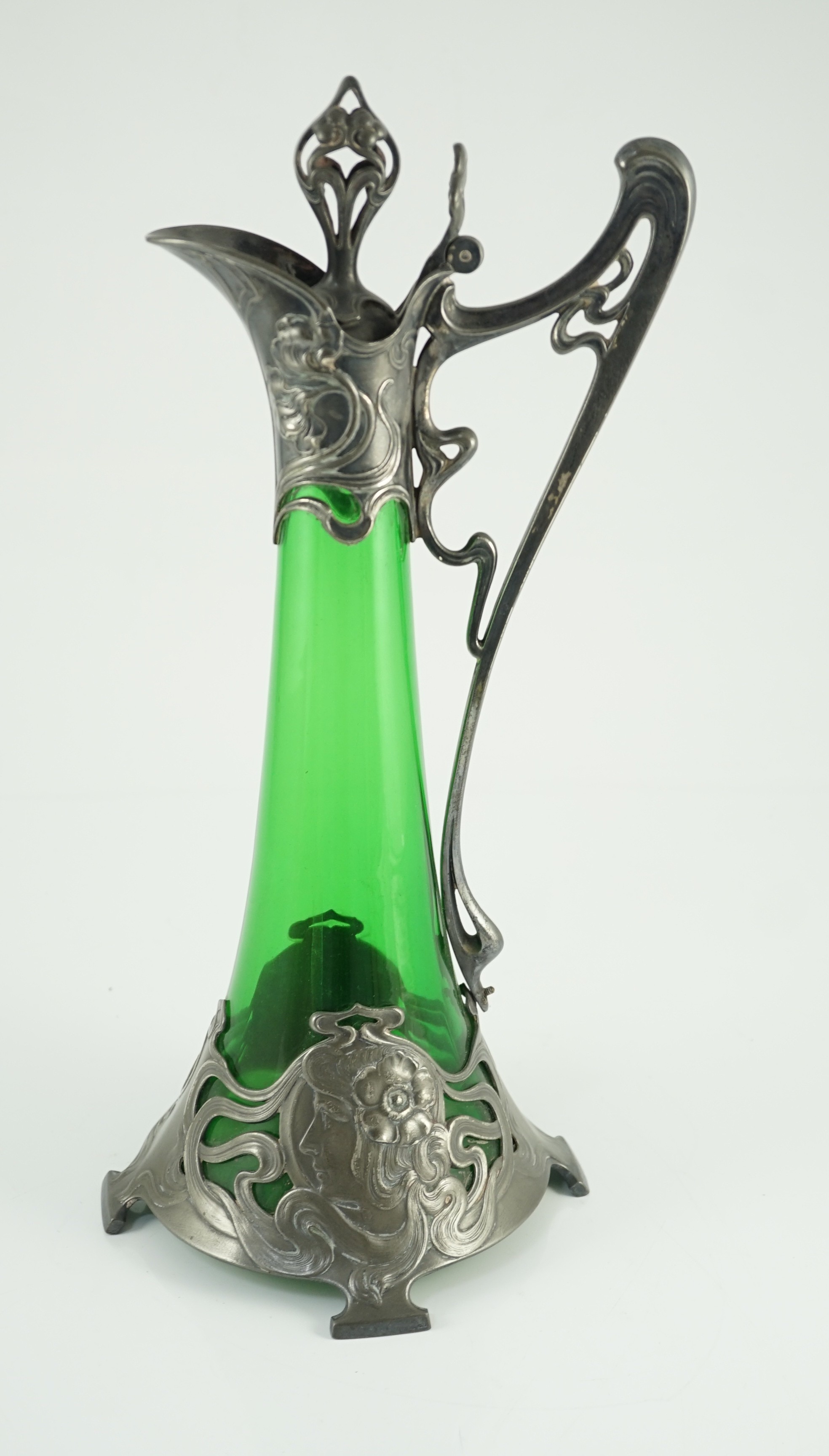 An Art Nouveau WMF metal mounted green glass ewer, c.1905, 40.5cm high